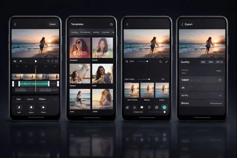 CapCut Mod APK features including templates, filters, and editing tools
