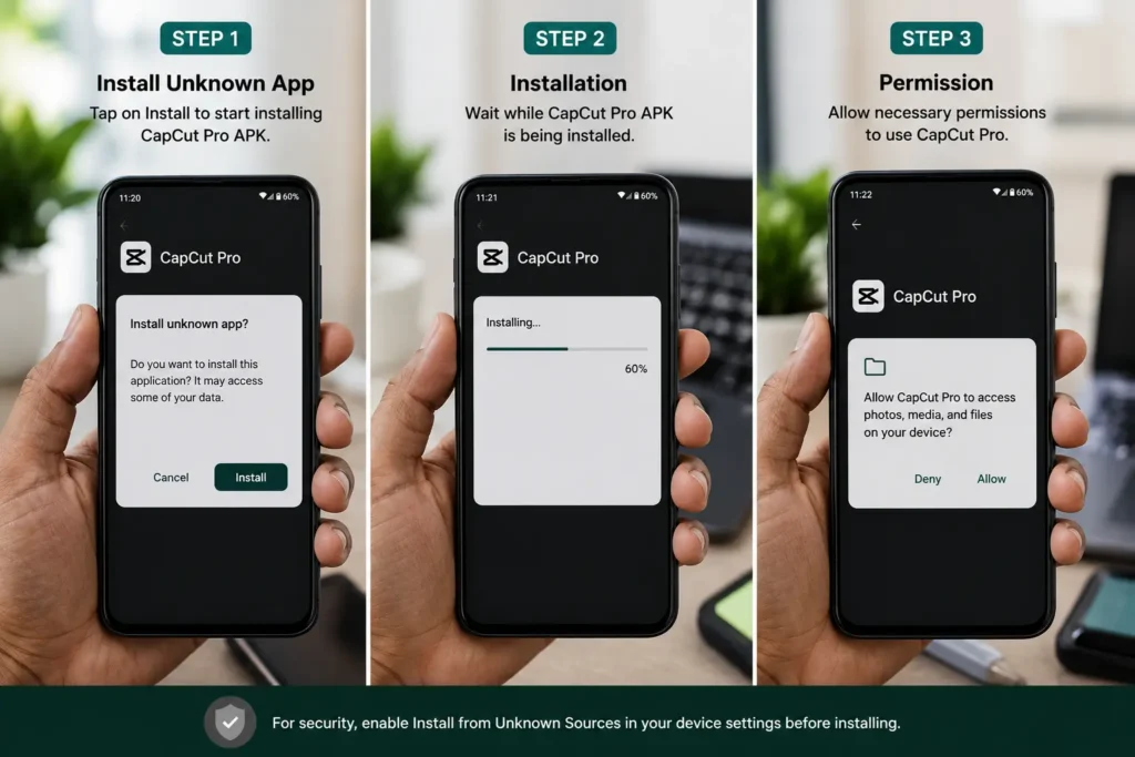 After  download capcut mod apk Step-by-step installation process showing unknown app installation, APK setup, and permission screen.