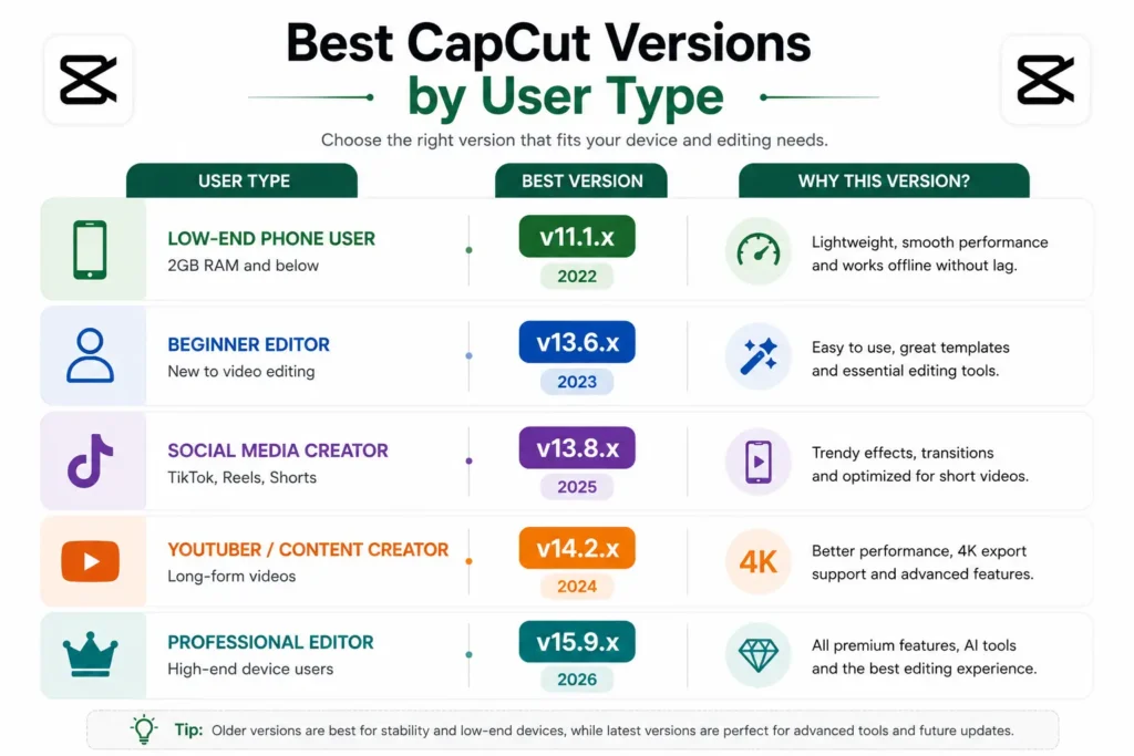 Infographic recommending the best CapCut old versions for beginners, low-end phones, social media creators, YouTubers, and professional editors.