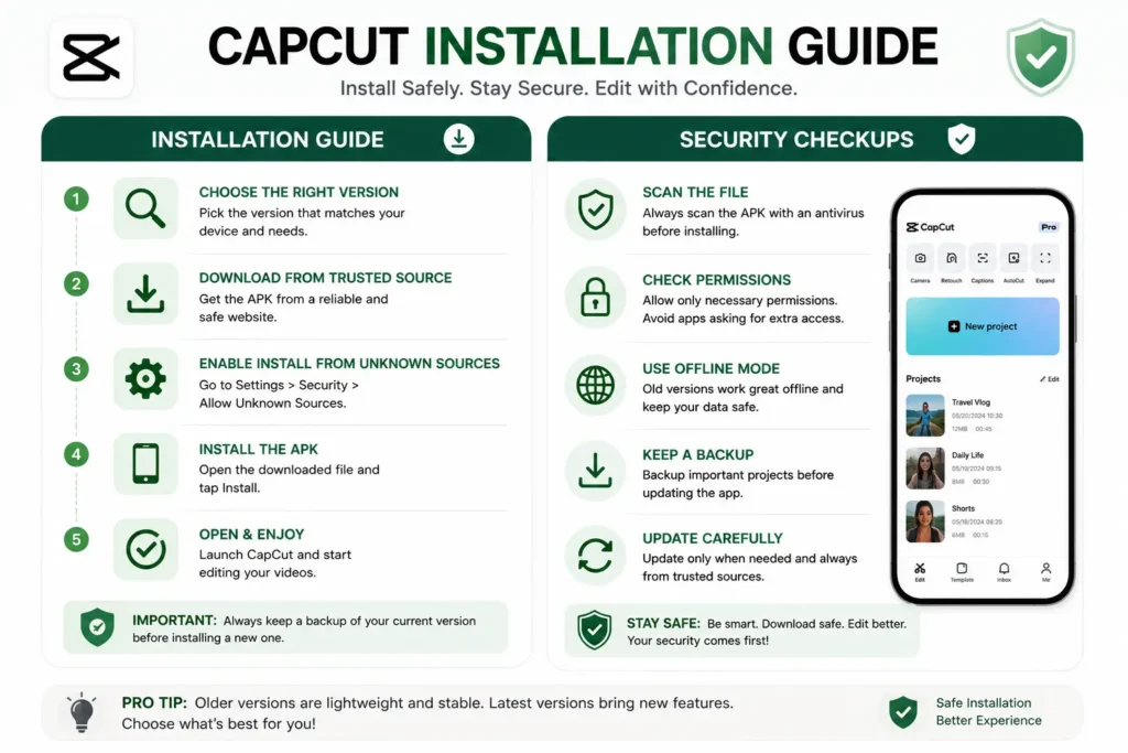 Step-by-step installation guide for CapCut old version with security checks, safe download tips, permission settings, and APK installation instructions.