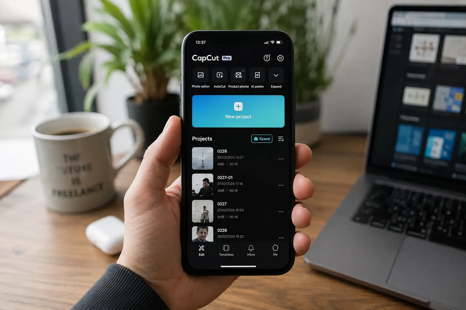 CapCut Mod APK premium video editor open on an Android smartphone with a modern content creator workspace in the background.